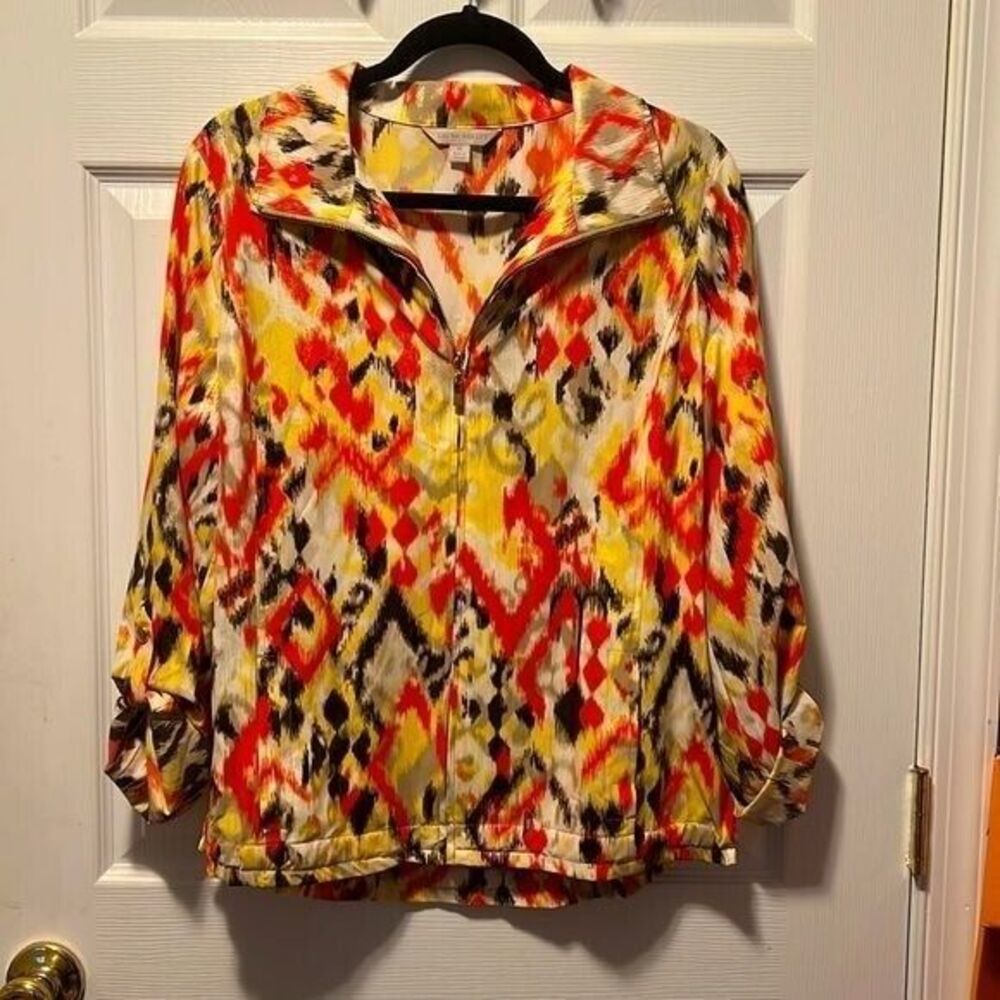 Laura Ashley Women M Ikat Print Full Zip Jacket Long Sleeve Collared Lightweight
